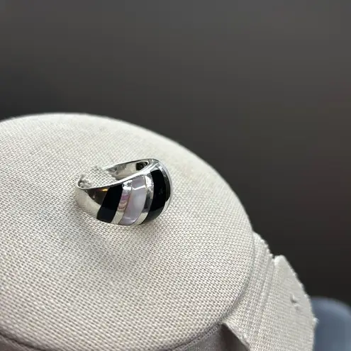 Artisan Sterling Silver 925 Mother of Pearl Onyx Inlay Ring Wide Band Boho 6.5