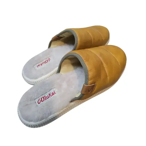 OluKai Moloa Pae Leather Slippers Mules Tan Shearling Lined Mens Sz 10
