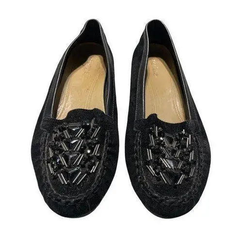 Etienne Aigner Nature Beaded Black Suede Slip-On Loafers With Leather Trim & Cushioned Insole 7