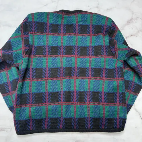 Vintage Tally Ho Womens Cardigan Sweater Size 2X Green Black Plaid Gold Buttons