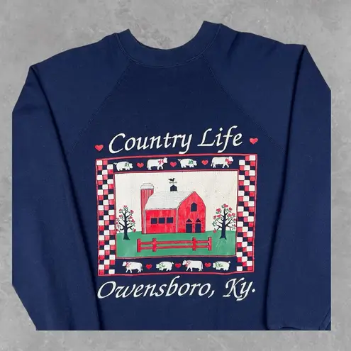 Tultex Vintage Navy Blue Country Life Sweatshirt Size L Red Barn Quilt