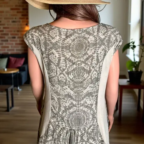 Lina Tomei Made in Italy Linen Dress Gray Sage Stone Abstract Cap Sleeve Size L Size L