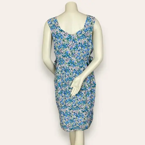 Vintage‎ Liberty Dress Apron Style Faux Wrap Side Ties Square Neck Blue Floral Size M