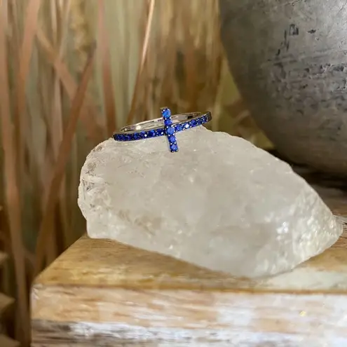 Blue Sapphire Cz Sterling Silver Sideways Cross Ring Size 7