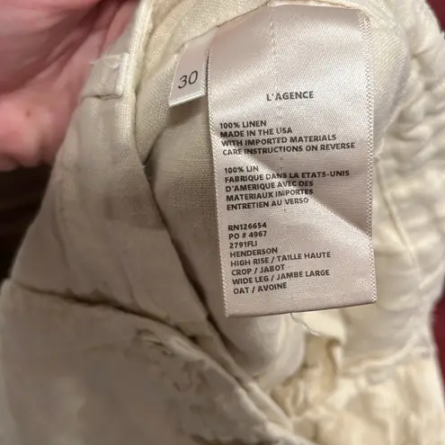 L'Agence L’AGENCE Henderson High Rise Crop Wide Leg 100% Linen Pants in Oat Color Size 30