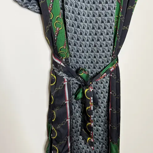Japanese Brand Silk Blend Chain Print Dress Belted Green Black Short Sleeve XL