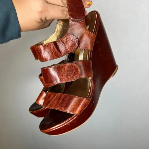 Cynthia Vincent Leather Wedge Sandals Women's Size 8.5M Platform Heels Brown