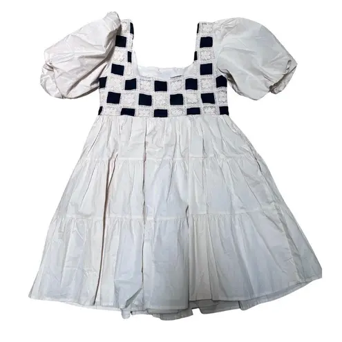 New Crochet Checkered Short Sleeve Dress sz Medium White