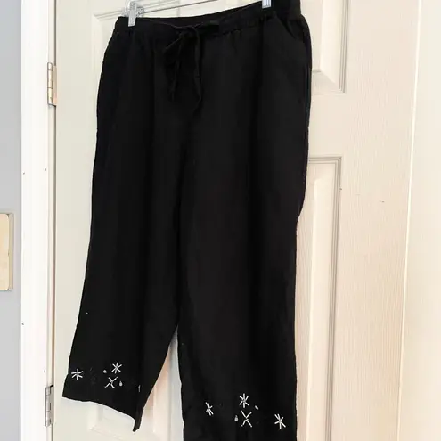 Sag Harbor Petite Linen Blend Embroidered Cropped Pants Drawstring Black Large Size undefined