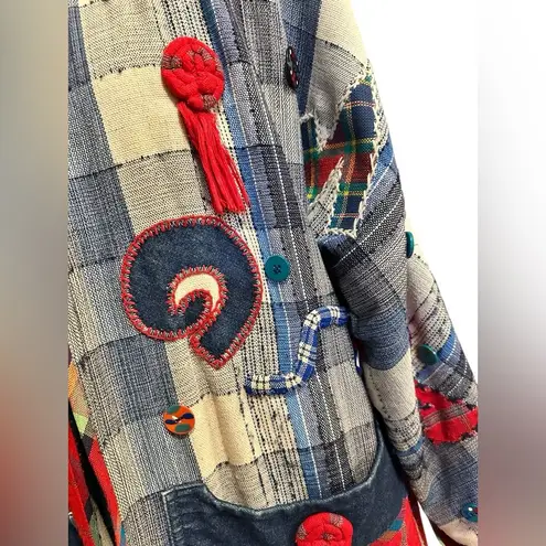 CRYSTAL Handwoven VINTAGE ART TO WEAR Embroidered Button Denim Blazer Medium Blue