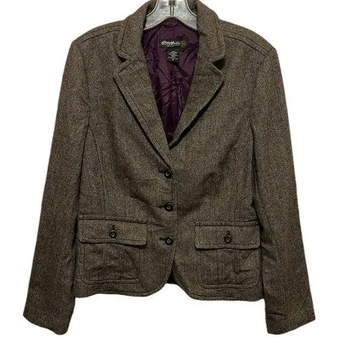 Eddie Bauer  Women’s Brown Lined Jacket Tweed Wool Buttoned Blazer. Size 12