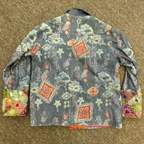 Flashback Art to Wear REVERSIBLE Colorful Floral Festival Jacket Boho Patchwork Blue Size M