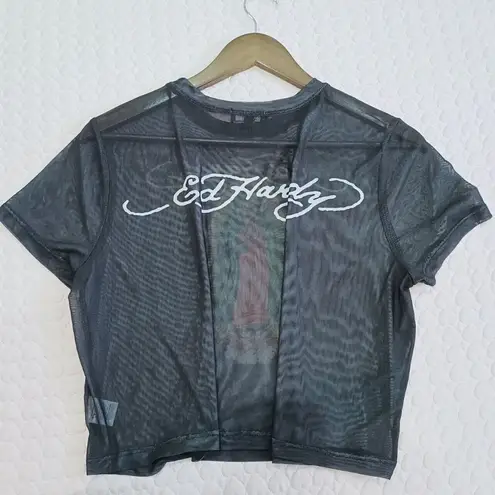 Ed Hardy NWOT  Mary Cropped Baby T-Shirt Women's T-Shirts in Black Mesh Size 1X