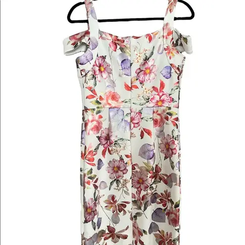 ECI New York Cold Shoulder Floral Zip Up Shiny Knee Length Midi Dress Size 6