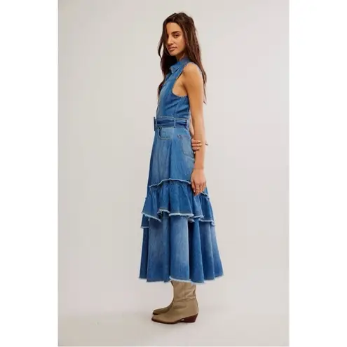 Free People  Western Bohemian Ruffle Denim Midi Maxi Dress Medium Belted Cowgirl