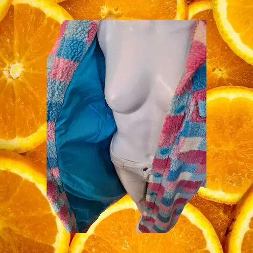 Cozy Sherpa Checkered Shacket Pink Blue White Womens Long Jacket Size XL