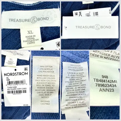 Treasure & Bond Varsity V Neck Sweater Navy Blazer Ivory Combo XL NWT