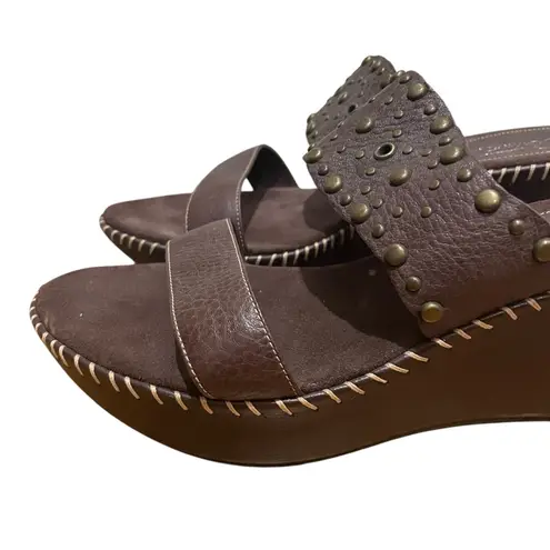 Arturo Chiang Patty Leather Studded Platform Slide Wedge Sandals Brown Women 11M