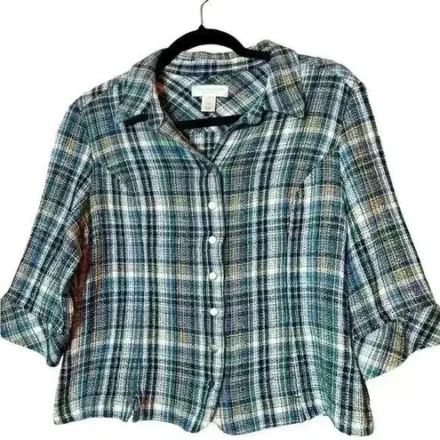 Christopher & Banks Petite Blue Plaid Tweed Button Up Shirt Jacket Size XL