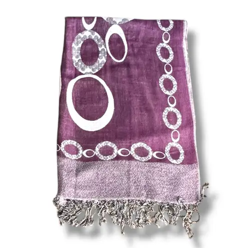 None Purple Reversible Geometric Circle Print Fringe Shawl Scarf Wrap Versatile