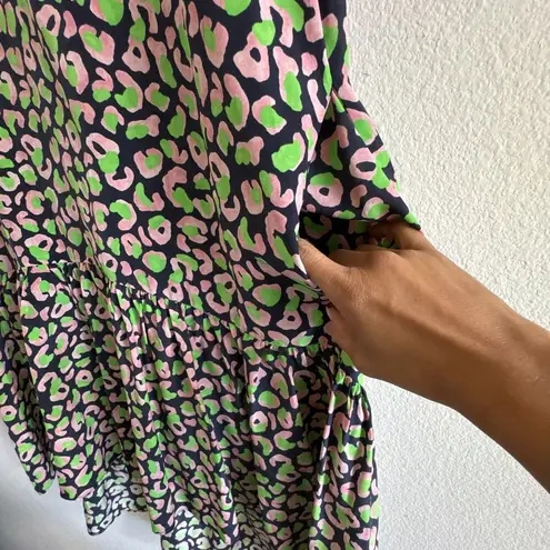 Tucker NYC Silk Drop Waist Laura Dress Animal Print Pockets Size Small Blue