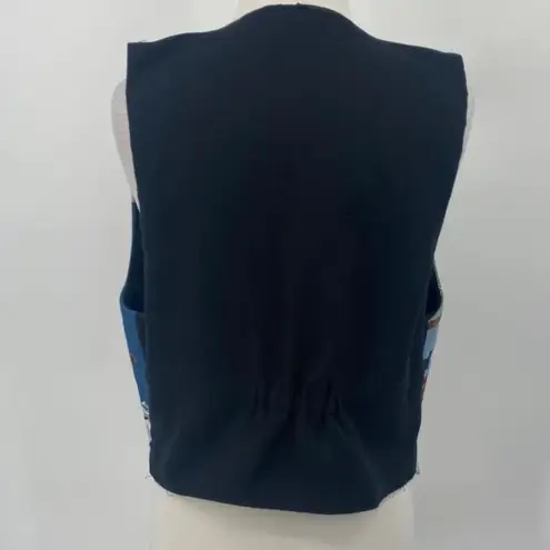 Vintage Noahs Ark Needlepoint Embroidered Animals Vest Open Front Blue Womens L Size L