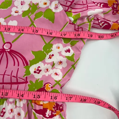 Spartina 449 Pink & Green Bird Wilson Maisie Ruffle Tiered Notch Neck Dress Sz M