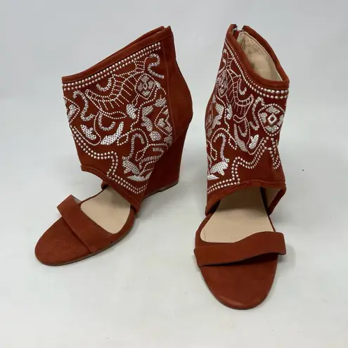 Anthropologie  Plomo Paula Embroidered Wedge Sandals Rust Size 37 / US 6.5