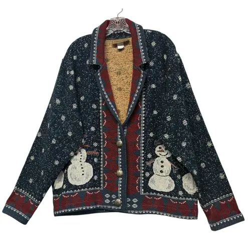 Painted Pony Women's Tapestry Christmas Snowman Sweater Jacket Winter One Size Blue Size XL