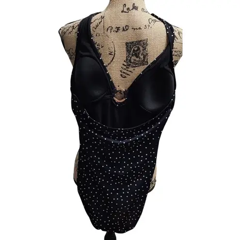 Navy Blue White Polka Dot Halter Neck One Piece Swimsuit Ring Detail Black Size M