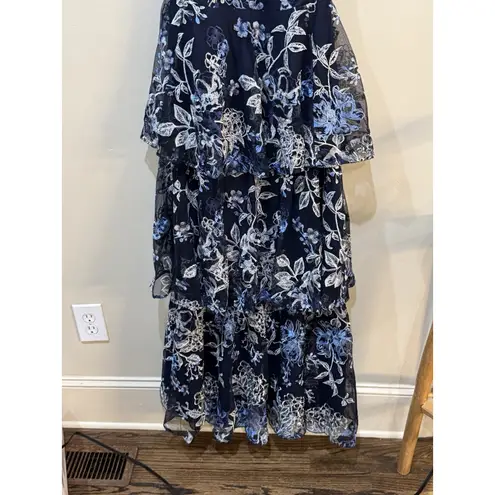 MARCHESA NOTTE Halter Gown Blue Floral Embroidered Tiered Tulle Sz 8 Maxi Dress