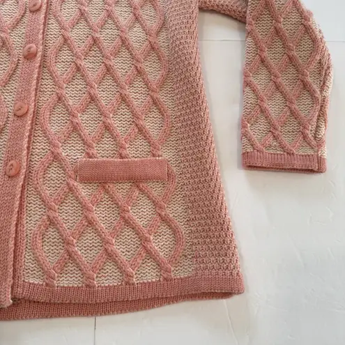 Aran Crafts Coral Merino Wool Button Up Cardigan Cable Sweater Size MEDIUM
