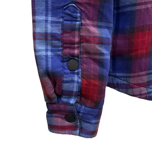 LL Bean Shirt Jacket Women’s XS Blue Plaid Fleece Lined Snap Front Pockets Cozy