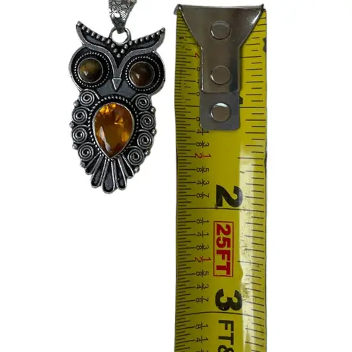 Sterling Silver  Owl With Citrine Middle And Tigers Eye Eyes Pendant