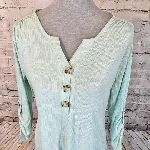 Como vintage  Womens Blouse Top Roll Tab Sleeve Button Stretch Mint Green Size XL