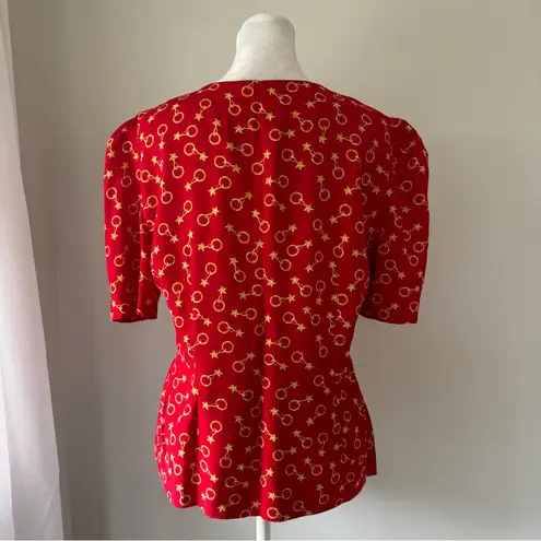 Vintage ‘90s Red & Gold Star Print Half Sleeve Button Front Blouse Size M