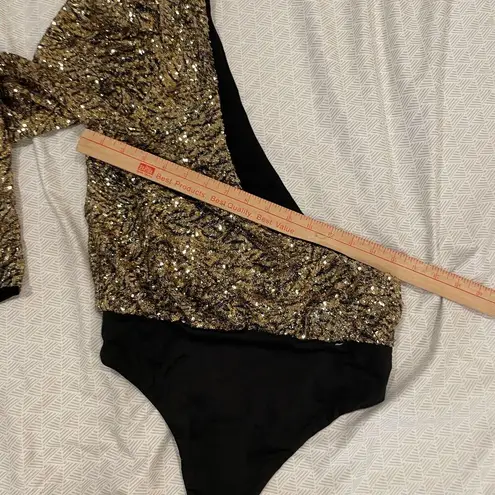 Revolve  H:ours Gold Sequin One Shoulder Long SleeveThong Bodysuit Size S Party