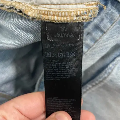 ALLSAINTS Alana Embroidered Bird Distressed Boyfriend Jeans in Blue/Pink Size 26