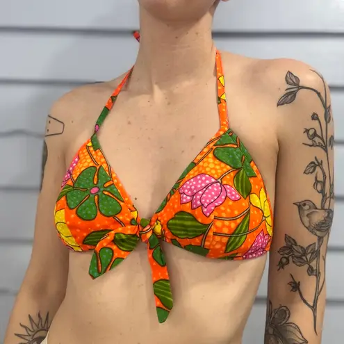 Vintage 60s Groovy Flower Power Barkcloth Bikini Swim Top Multiple Size M