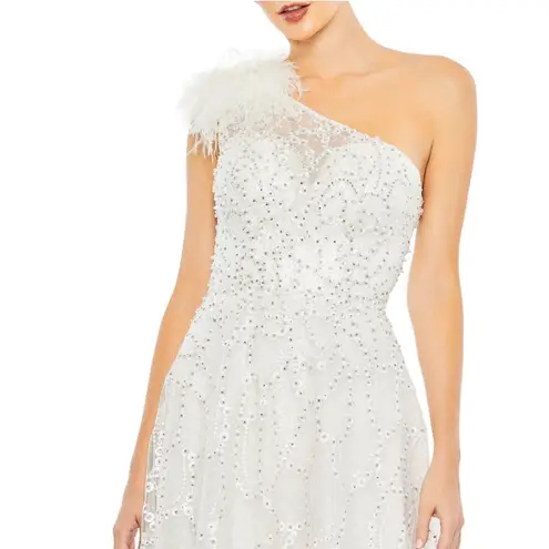 Mac Duggal Sheer Hand Embellished Tulle Overlay One Shoulder A Line 20389 Dress