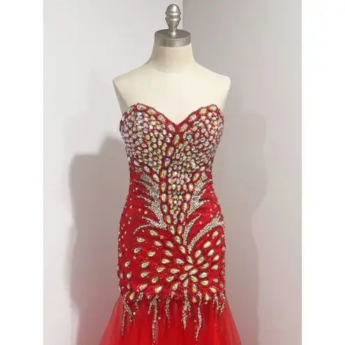 Angela and Alison Women's Red Beaded Strapless Mermaid Prom Formal Dress Size M/L - Image 5