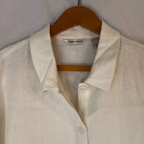 Laura Ashley NWT White Jacquard 100% Linen Button Up Blouse Size Large Neutral