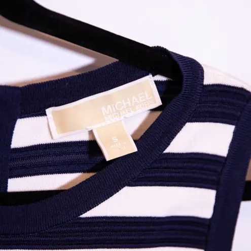 Michael Kors Blue White Stretch Knit Asymmetrical Stripe Midi A Line Dress Small