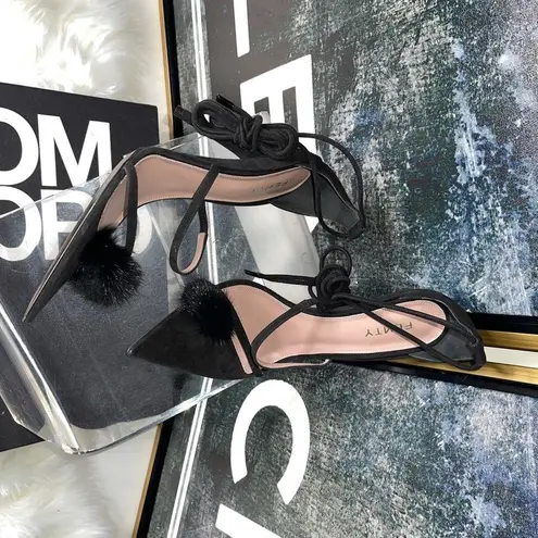 Fenty Scandal Lace Up Black Suede Fur Sandal with Fur Detail and Pointy Toe Size 6