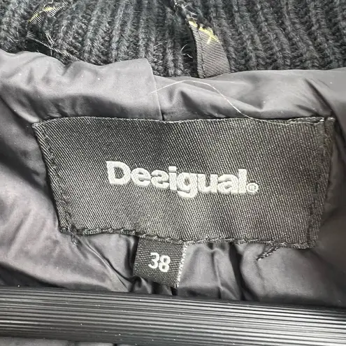 Desigual Parka 4 Black Gold Puffy Sweater Inset Hood Faux Fur New US 4