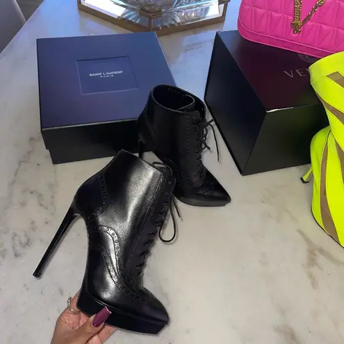Saint Laurent Black Janis Oxford Nappa Leather Stiletto Lace Up Ankle Boots