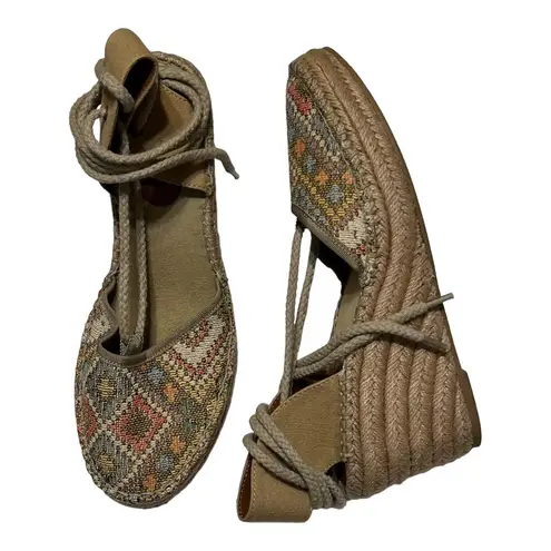 Dolce By Mojo Moxy 8M Boho Lace-Up Embroidered Platform Espidrille Wedge Sandal