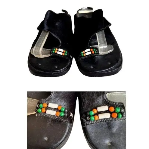 Naked Feet Sandals Flats 8.5 Beaded Toe Loop Black Leather Nubuck Square…