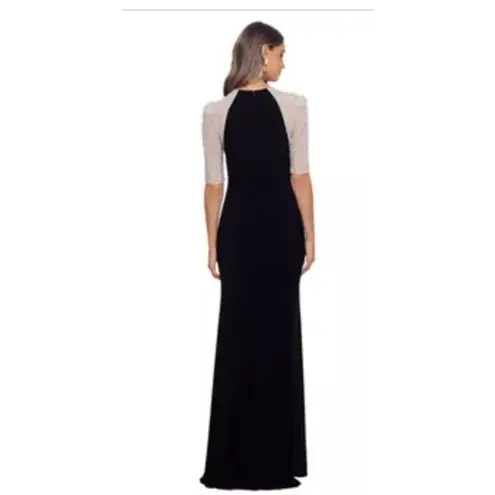 XScape Women's Crew Neck Black and Nude Beaded Illusion Slim Gown,10P