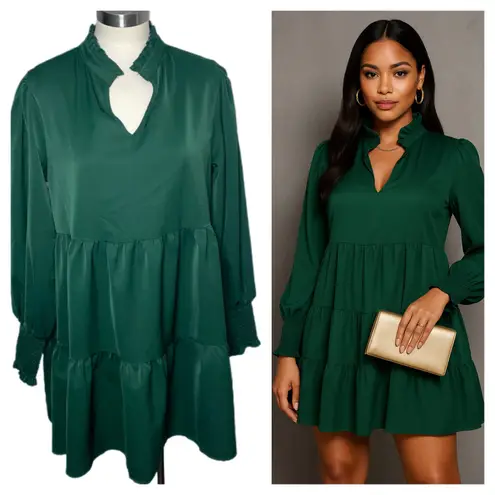 Emerald Green Tiered Mini Dress Long Sleeve Ruffle Neck Smocked Cuffs Holiday Size L